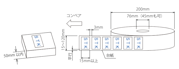 TL-105Bで使えるワークは高さ50mm以内、ラベルは台紙幅で120mm以内で作成してください